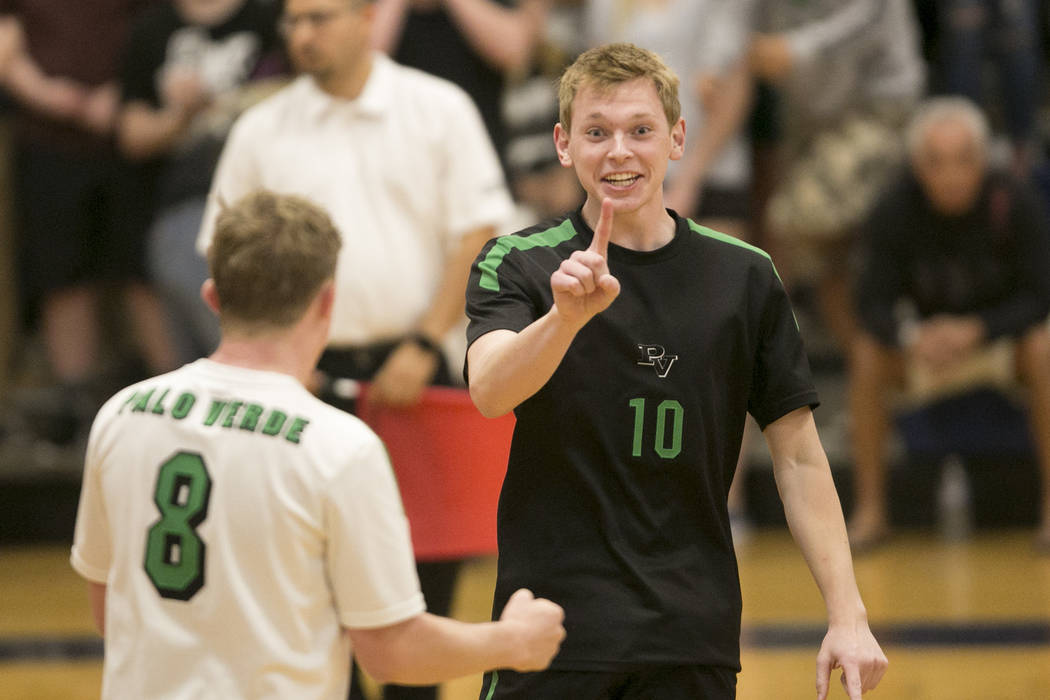 Palo Verde senior Ben Brady (10) reacts to their team earning a point during a match against ...