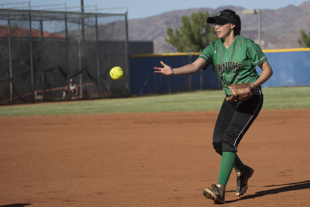 Rancho’s Jazmin Gonzalez (2) throws to first base for an out against Liberty at Foothi ...
