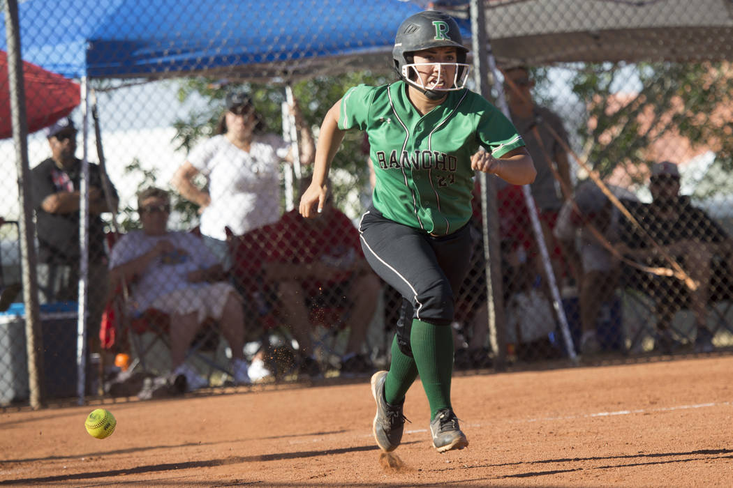 Rancho’s Katerina Anthony (27) runs safely to first base after a bunt against Liberty ...