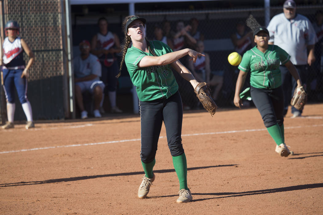 Rancho’s Sam Pochop (72) throws to first base for an out against Liberty at Foothill H ...