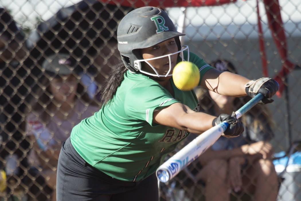 Rancho’s Ayanna Potter (9) bunts the ball against Liberty at Foothill High School on F ...