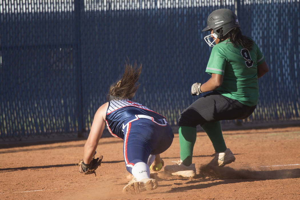 Rancho’s Ayanna Potter (9) runs safely to third base against Liberty at Foothill High ...