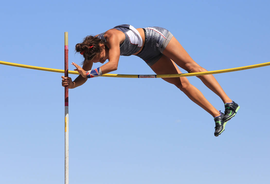 Gabby Carson, of Liberty High School, competes in the pole vault during the Sunset and Sunri ...