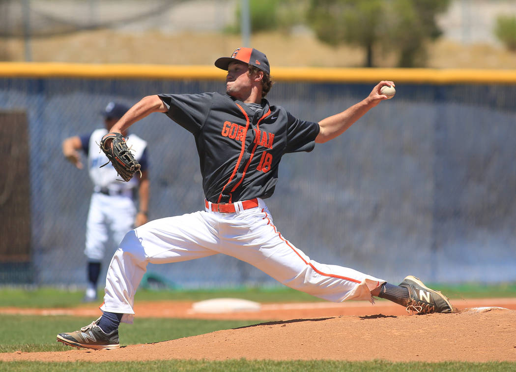 Bishop Gorman pitcher Vinnie DeCesare (18) throws a pitch during the Sunset Region baseball ...