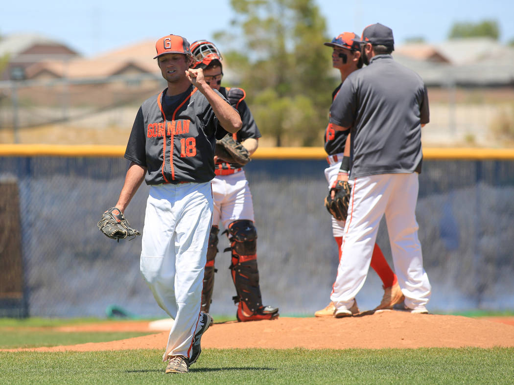 Bishop Gorman pitcher Vinnie DeCesare (18) reacts to being pulled off the mound during the S ...