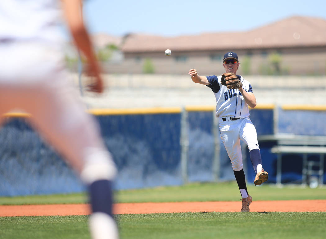 Centennial short stop Jake Rogers (42) throws out a runner at first base during the Sunset R ...