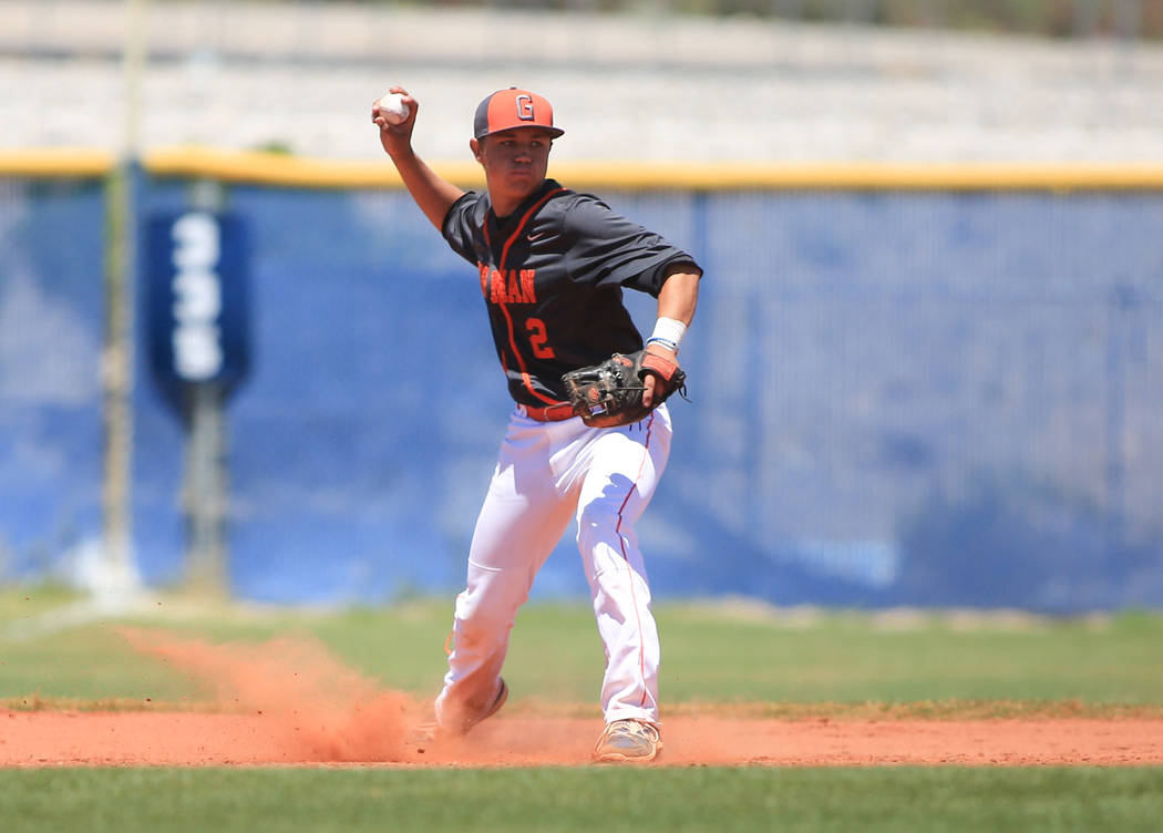 Bishop Gorman short stop Tyler Curtis (2) throws a runner out at second base during the Suns ...