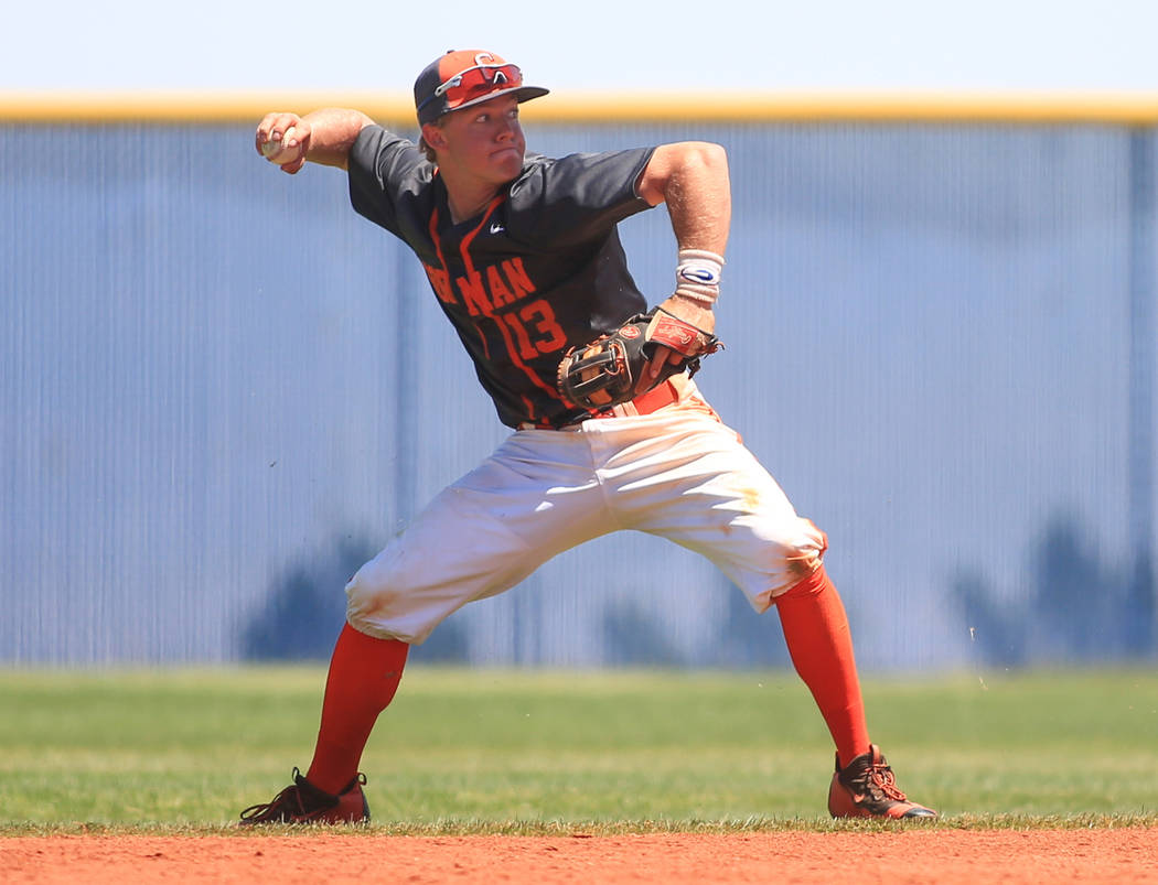 Bishop Gorman second baseman Nick Israel (13) throws out a baserunner during the Sunset Regi ...