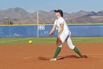 Rancho senior Sam Pochop throws a pitch during the Class 4A state softball play-in game Mond ...