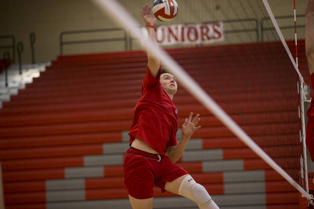 Arbor View’s Treven Clizbe (11) during a volleyball team practice at Arbor View High S ...