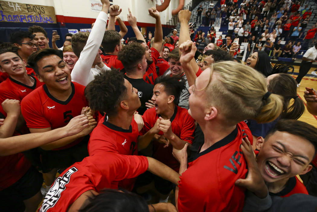 Las Vegas’ players celebrate after defeating Centennial in the Class 4A boys state sem ...