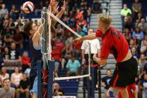 Las Vegas’ Brandon Kampshoff (9) sends the ball to Centennial during the Class 4A boys ...