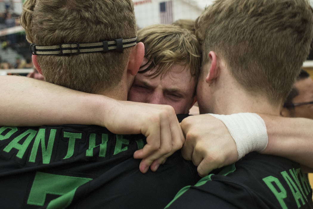 Palo Verde senior Zach Nelson (8), center, reacts to his team’s win over Las Vegas Hig ...