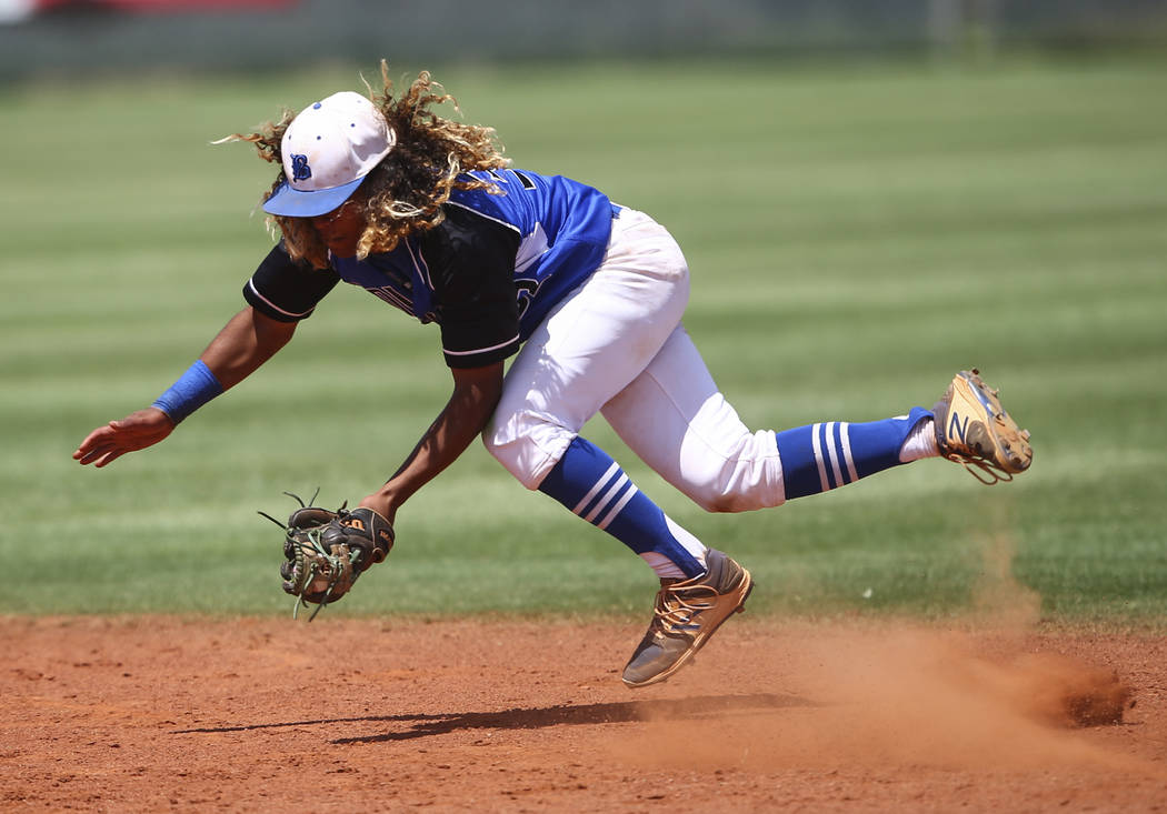 Basic’s Christian Rivero fields a grounder from Galena during a Class 4A state basebal ...