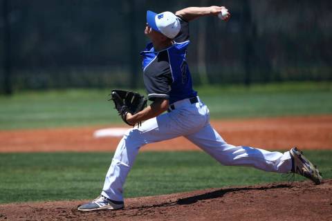 Basic’s Shane Spencer pitches to Rancho during a Class 4A state baseball tournament ga ...