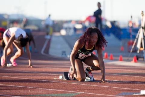 Rancho junior Gizelle Reid prepares for the girls 4A 400-meter dash at the NIAA State Track ...