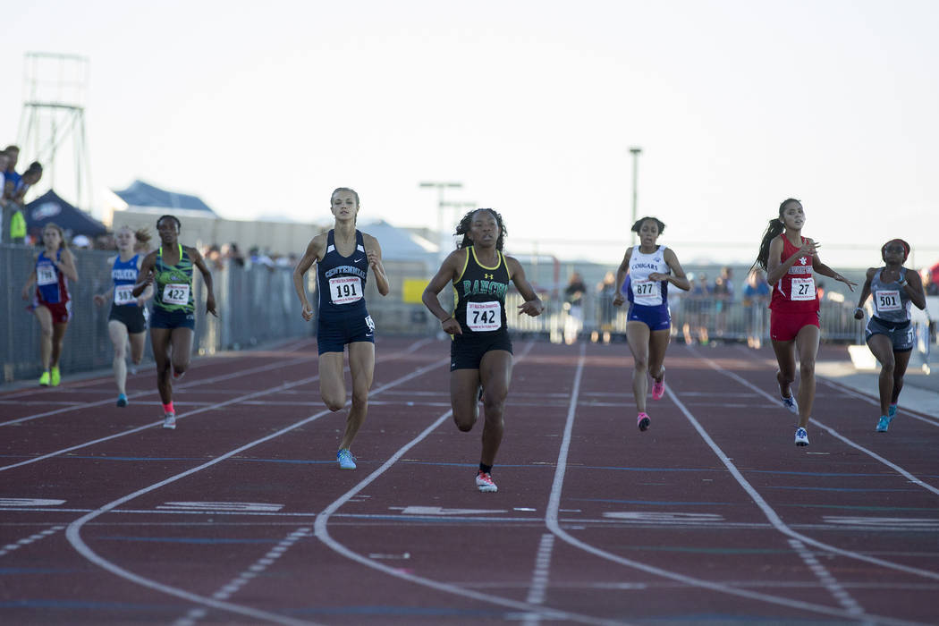 Rancho junior Gizelle Reid (742) places first in the girls 4A 400-meter dash at the NIAA Sta ...