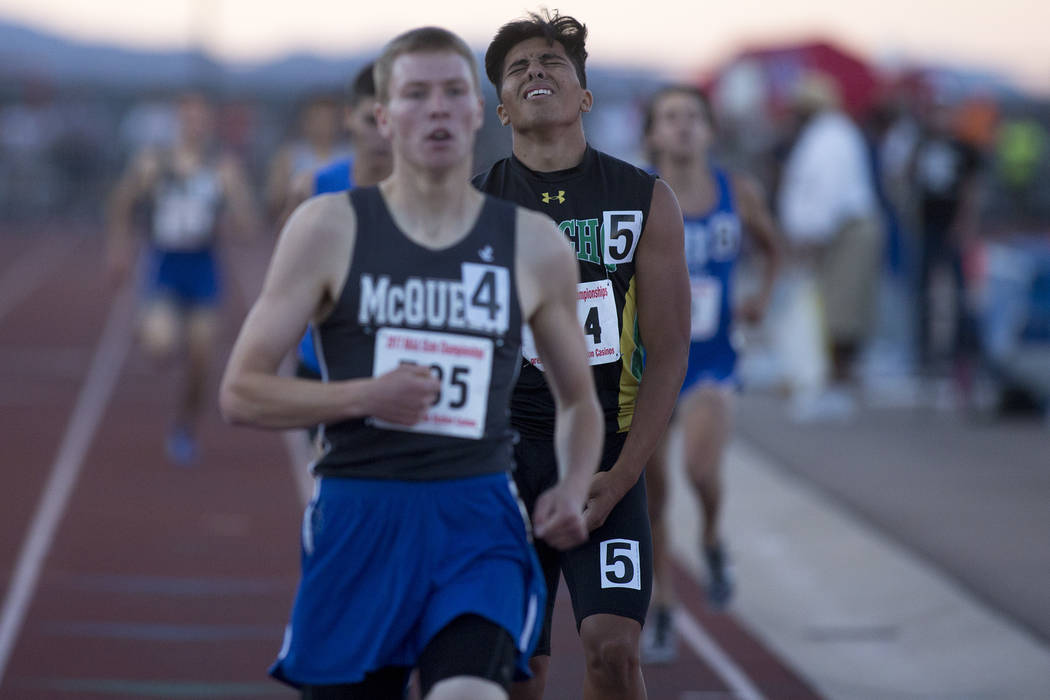 Rancho senior Luis Soto reacts to placing second in the 4A boys 800-meter dash at the NIAA S ...
