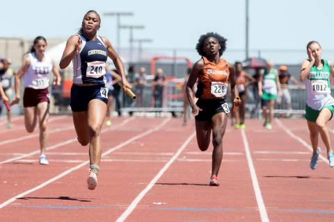 Cheyenne senior Angela Hammond finishes the last leg of the girls 400-meter relay during the ...