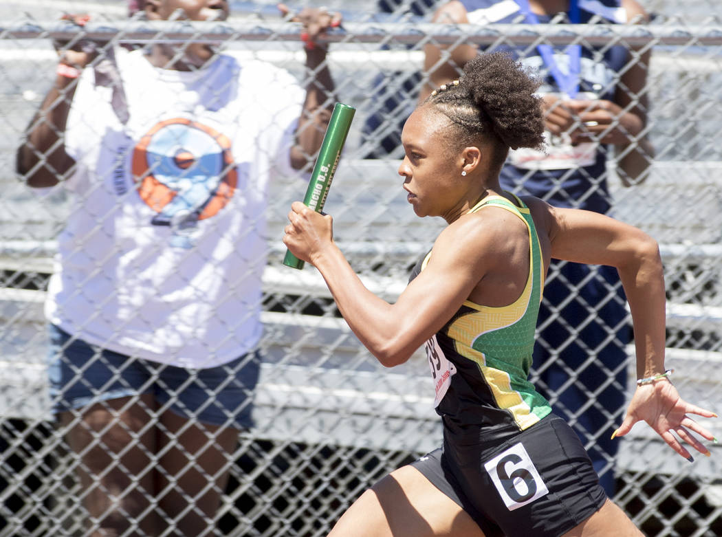 Rancho sophomore Amir’a Edmond finishes the last leg of the girls 4×100-meter rel ...