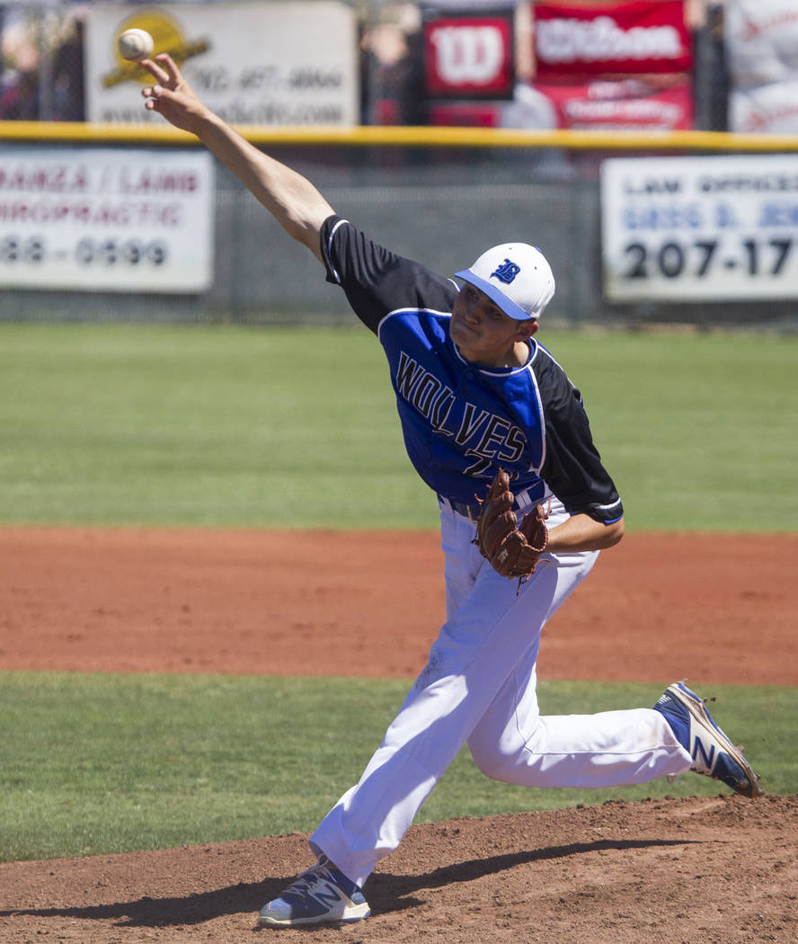 Basic’s Christian Sanford pitches against Galena in the NIAA Class 4A State Championsh ...