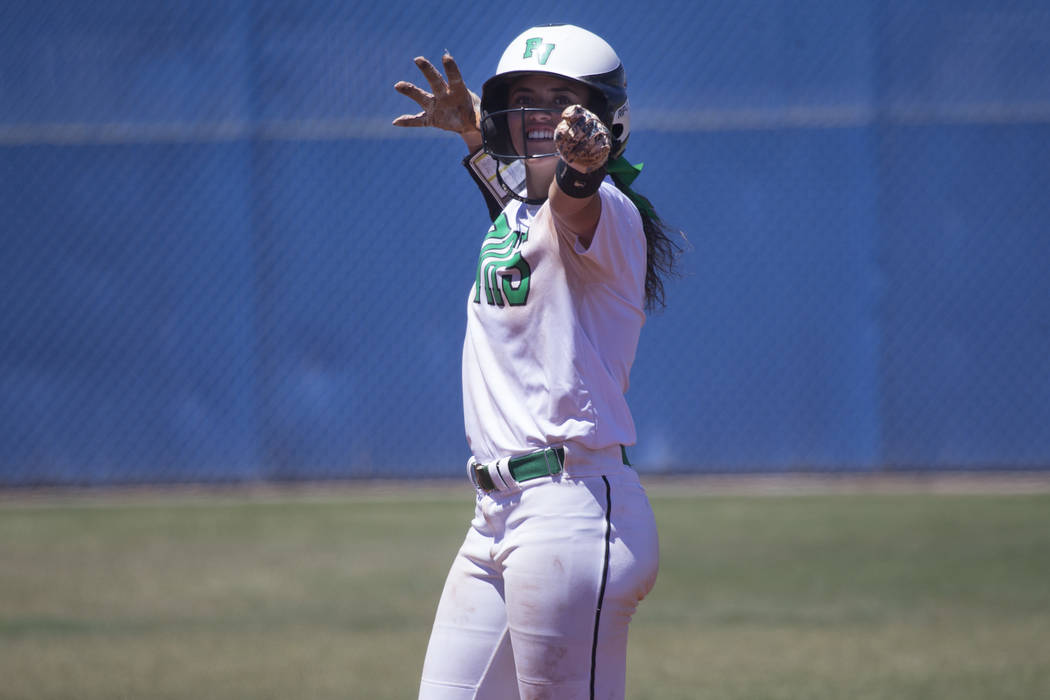 Palo Verde’s Cara Beatty (5) reacts after hitting a double against Reed in the Nevada ...