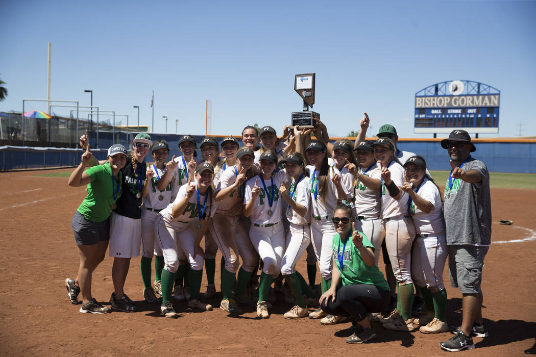 Palo Verde celebrate their 9-3 win against Reed in the Nevada Class 4A state softball final ...