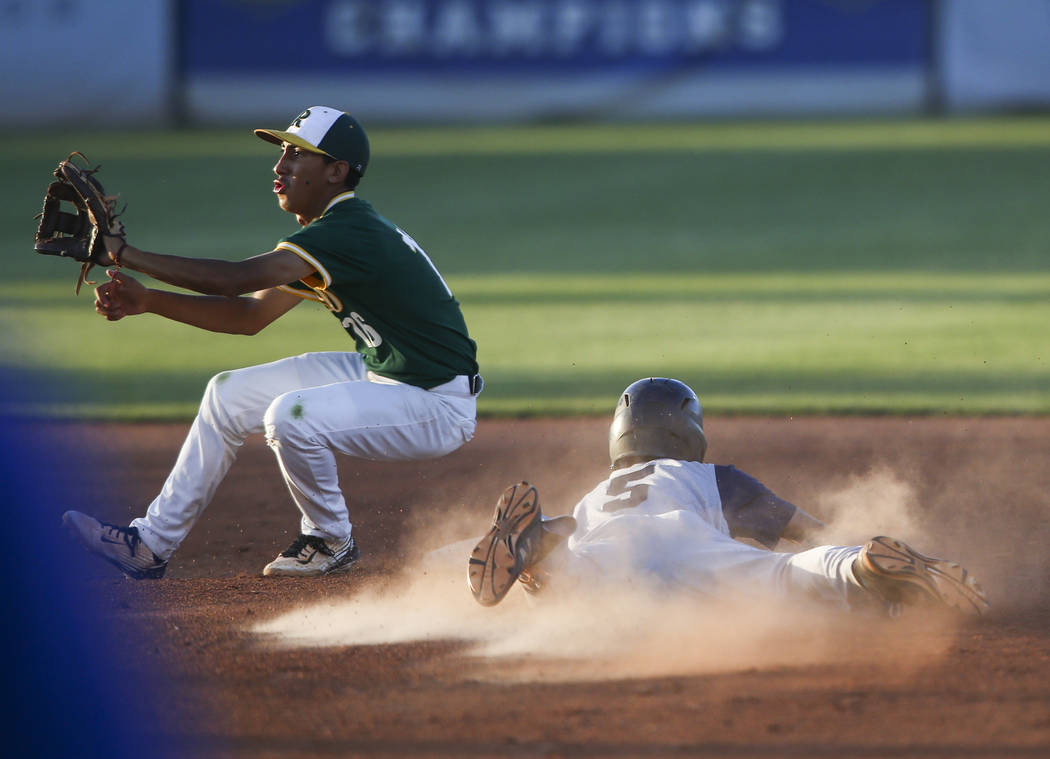 Spring Valley’s Otis Jaxson (5) makes it to second base against Rancho’s David A ...