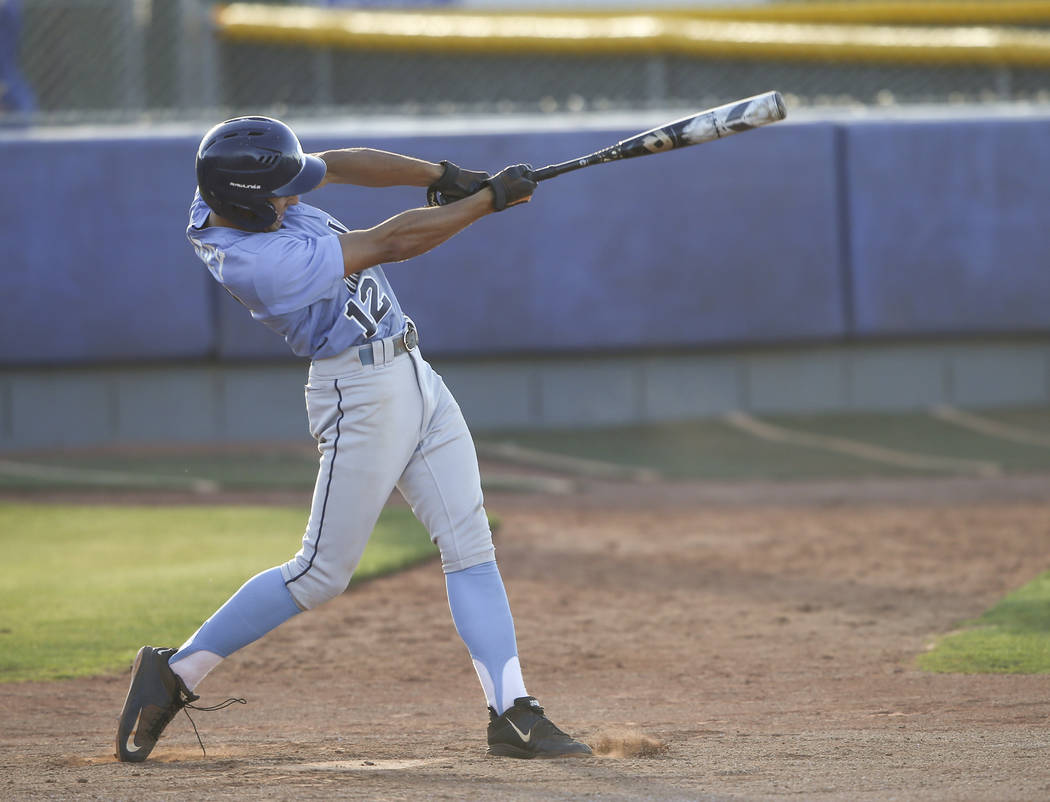Centennial’s Gino Sabey lands a hit during the Class 4A All-Star baseball game at the ...