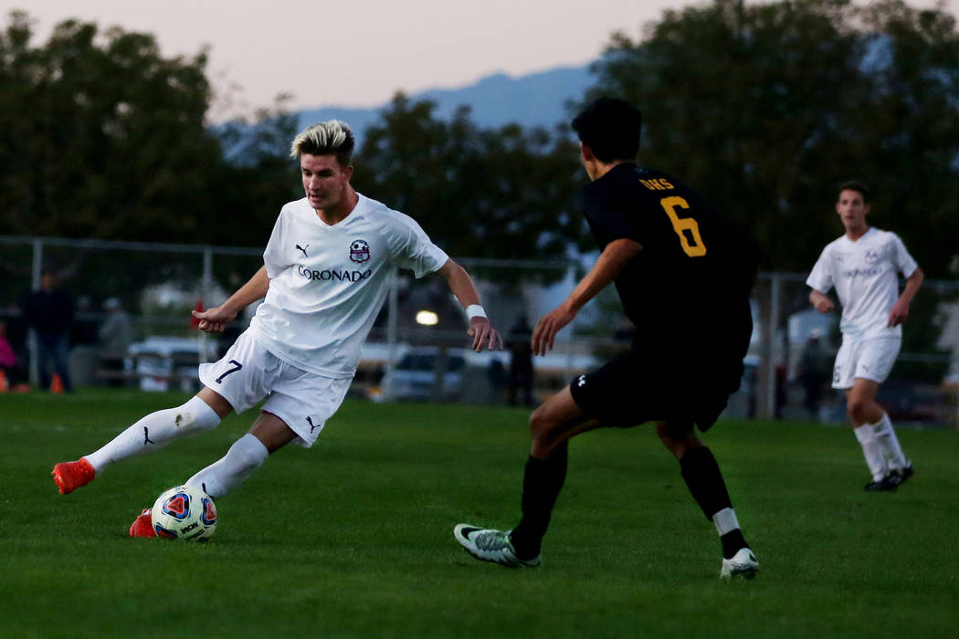 Coronado’s John Lynam (7) kicks the ball against Durango at the Bettye Wilson Soccer c ...