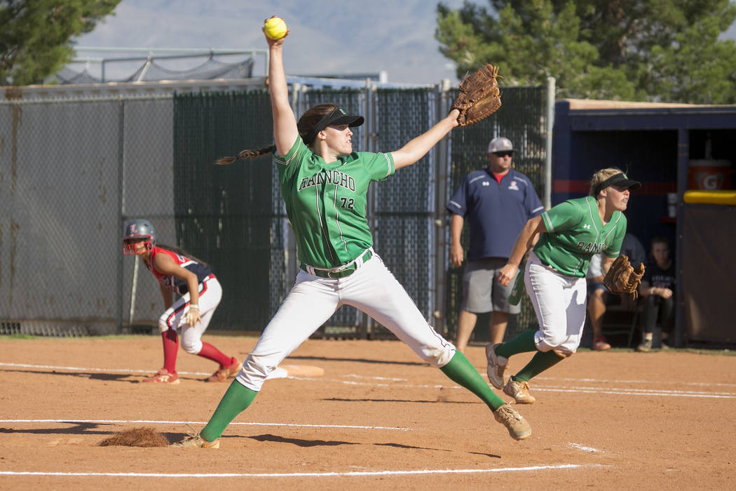 Rancho senior Sam Pochop pitches to Liberty during a Sunrise Region softball tournament game ...
