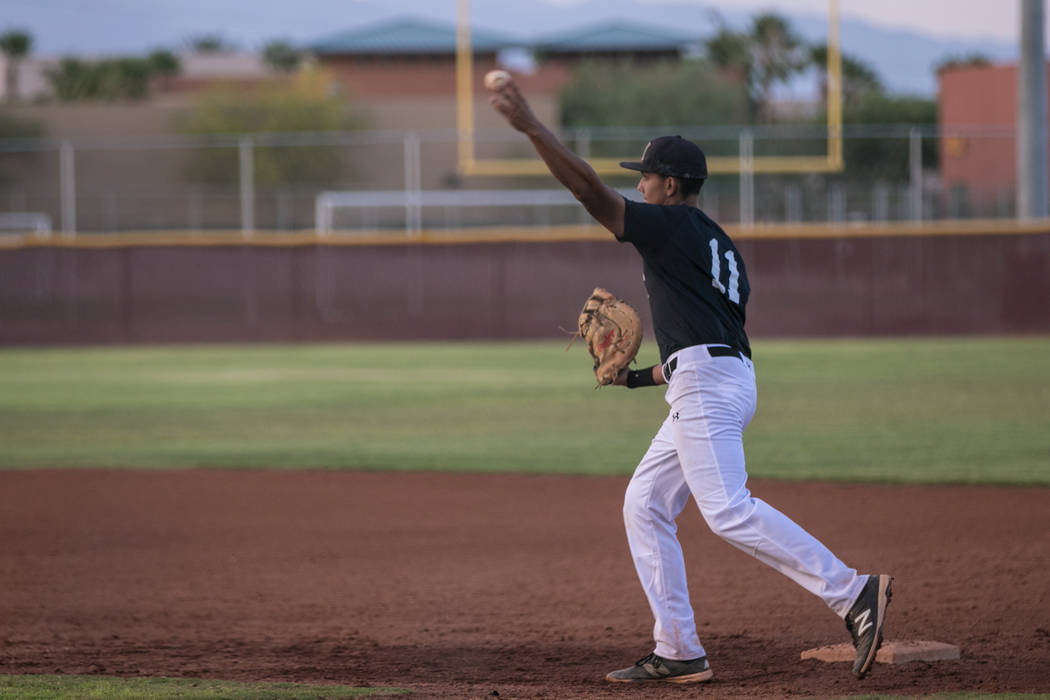 Faith Lutheran Crusader Jacob Ortega throwing the ball to the pitcher during a game at Faith ...