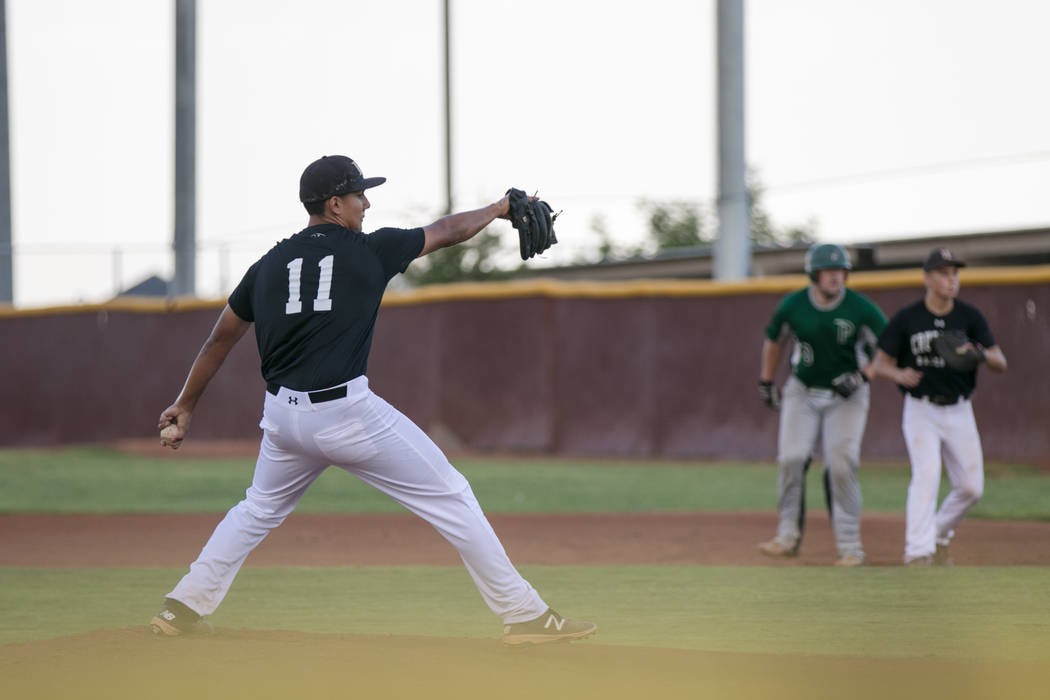 Faith Lutheran Crusader Jacob Ortega at the pitch during a game at Faith Lutheran High Schoo ...