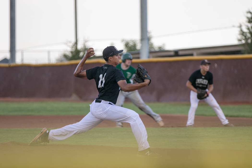 Faith Lutheran Crusader Jacob Ortega at the pitch during a game at Faith Lutheran High Schoo ...