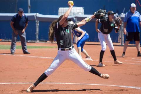 Palo Verde junior Taylor Askland pitches to Reed during a game at Bishop Gorman High School ...