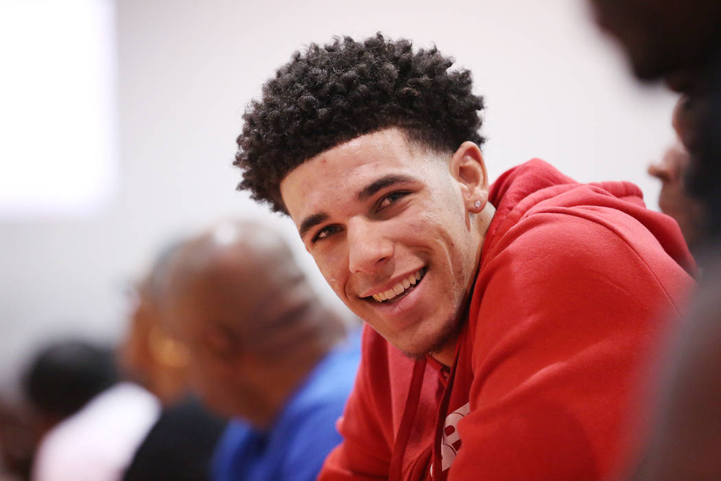 Lakers player Lonzo Ball at courtside during an Adidas Summer Championship AAU tournament ga ...