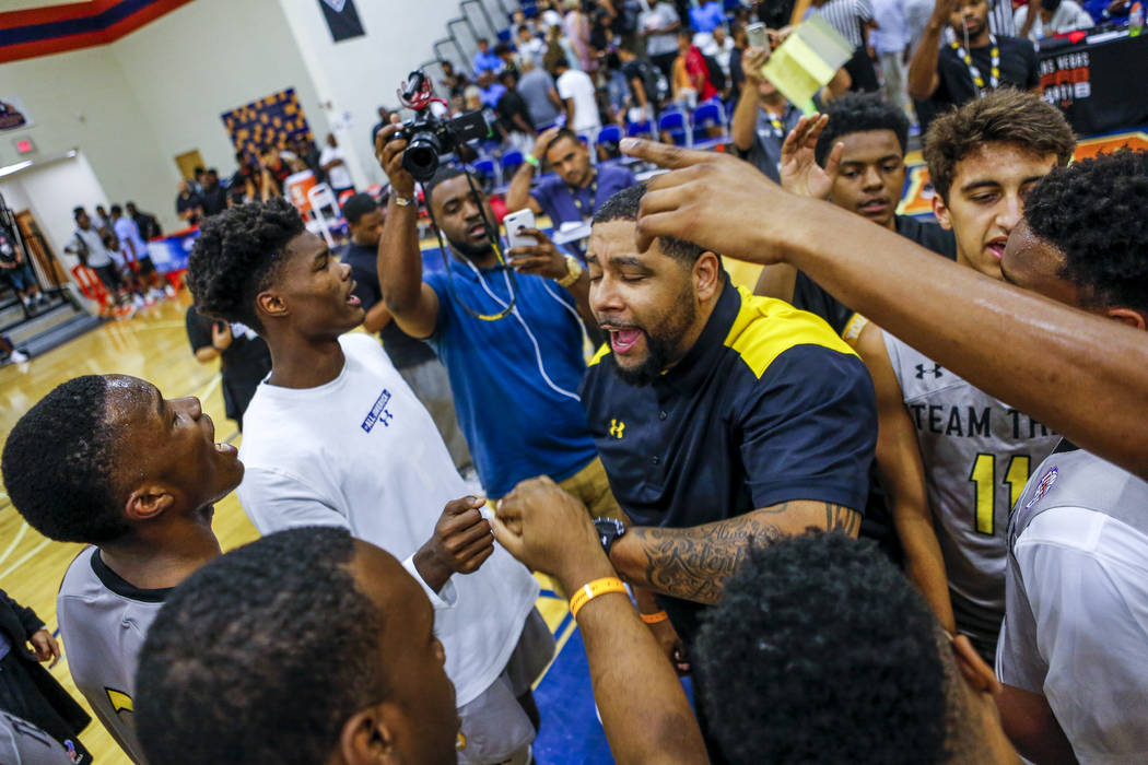 Team Thad celebratets in a post-game huddle during the Las Vegas Fab 48 Championship Game on ...