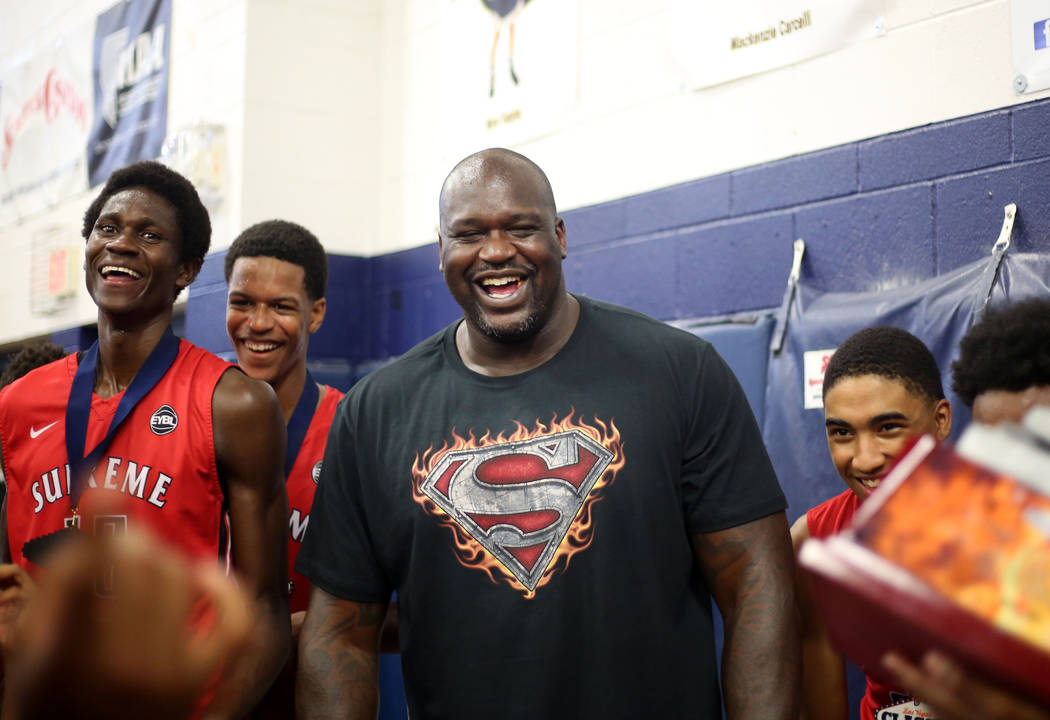 California Supreme Elite assistant coach Shaquille O’Neal celebrates with his team aft ...
