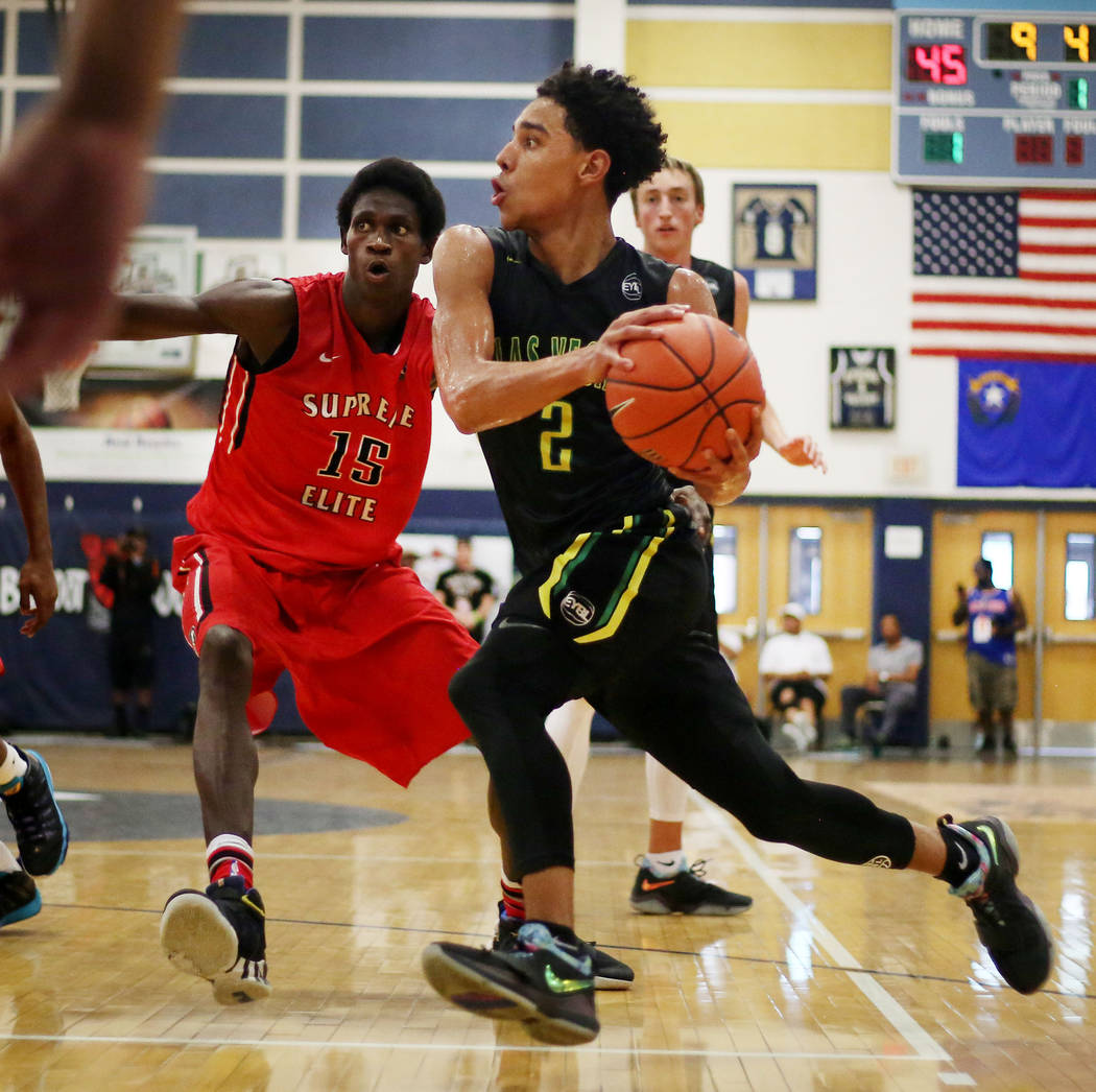 Las Vegas Prospects’ Marvin Coleman II, 2, handles the ball against California Suprem ...