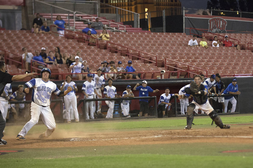 Southern Nevada Blue Sox’s Jack Wold (19) reacts after scoring a run against the Las V ...