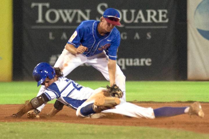 Las Vegas Aces’ Cole Schaeffer (10) attempts to tag out Southern Nevada Blue Sox&#8217 ...