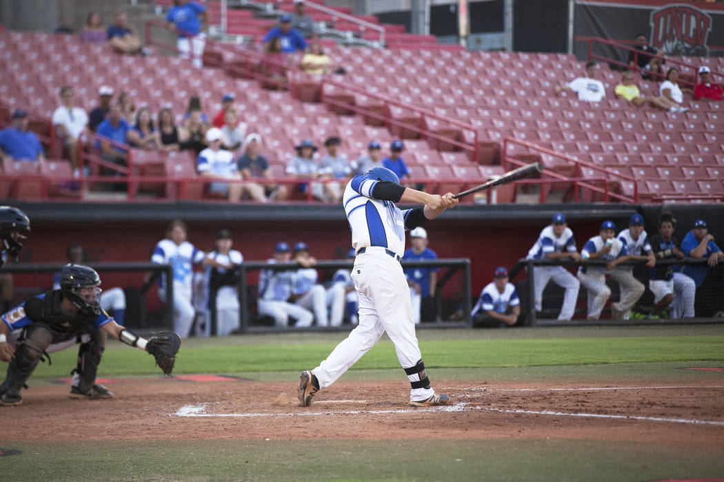 Southern Nevada Blue Sox’s Jack Wold (19) connects at the plate against the Las Vegas ...