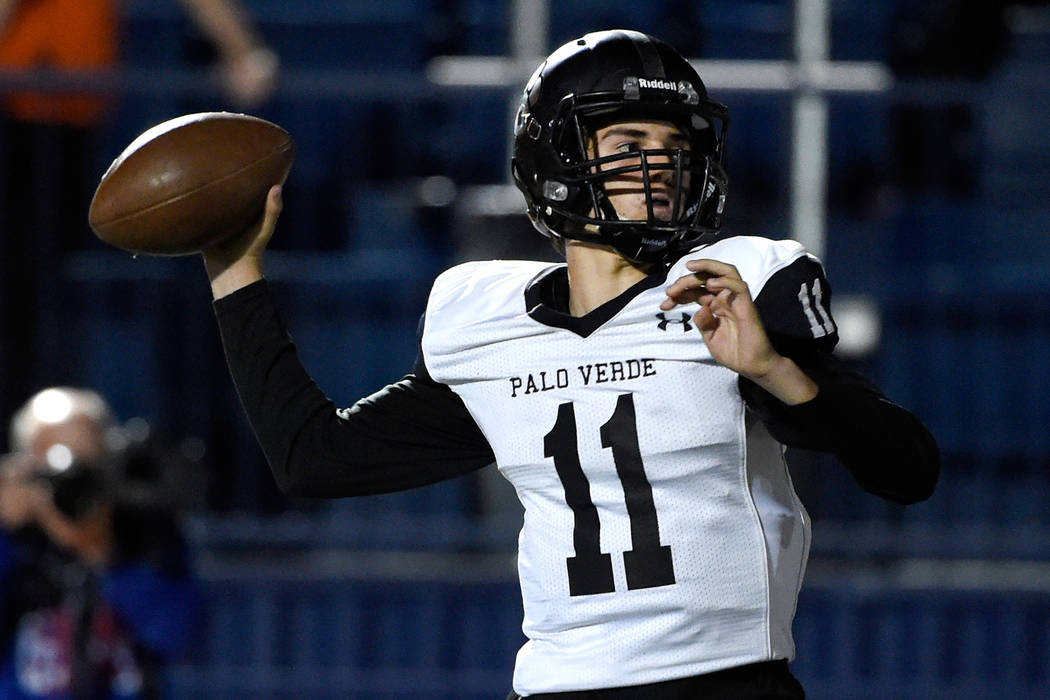 Palo Verde quarterback Nick Zuppas looks to pass against Bishop Gorman during the first half ...