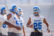 Basic senior Jordan Gallegos during practice at Basic High School football field on Monday, ...