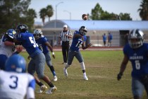 Desert Pines Tyler Williamson (19) throws the ball against South Tahoe during their 3A state ...