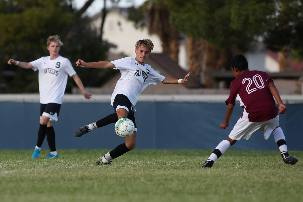 Palo Verde player Tanner Stevenson kicks the ball during a game against Faith Lutheran at Gr ...
