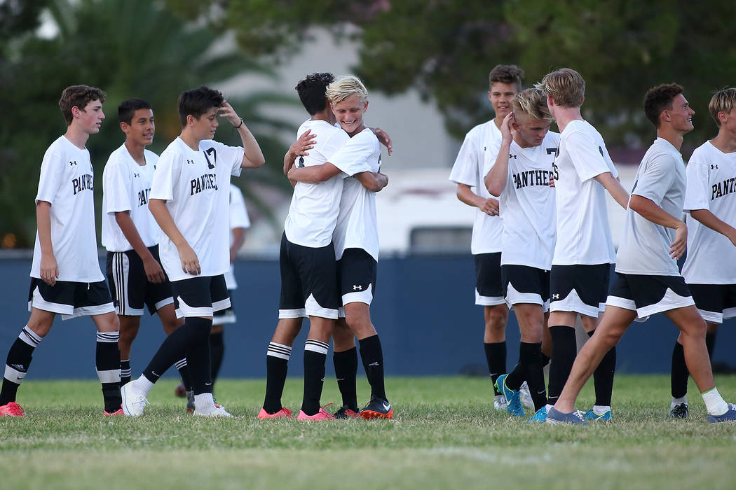 Palo Verde celebrates their 2-0 win over Faith Lutheran at Green Valley High School Monday, ...
