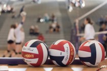 Volleyballs sit on a desk prior to Shadow Ridge playing a match against Durango during a Sun ...