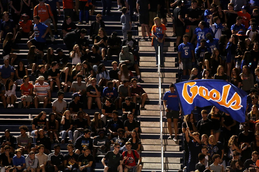 A Bishop Gorman fan waves a flag for the Gaels during the first half of the game at Bishop G ...