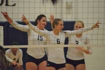 Shadow Ridge’s Whittnee Nihipali (15), Madyson Lousignont (6) and Madison Norr get pre ...